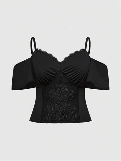 T-shirt grande taille à patchwork, broderie et maille de style gothique sombre et goth de plage