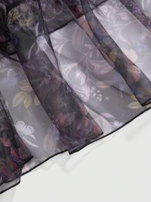 ROMWE Avant Plus Size High Waist Floral Pleated Vintage Palace Style Skirt - Multicolor - View 5