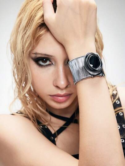 Grunge Punk 1pc Punk Rock Style Black Crystal Inlaid Metal Wire Open Bangle, Y2K Vintage High-End Elastic Braided Metal Bracelet, Versatile High-End Creative Personalized Cold Elegant Bracelet