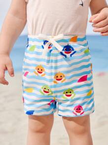 BABY SHARK X SHEIN Baby Boy Striped & Cartoon Print Swim Trunks
