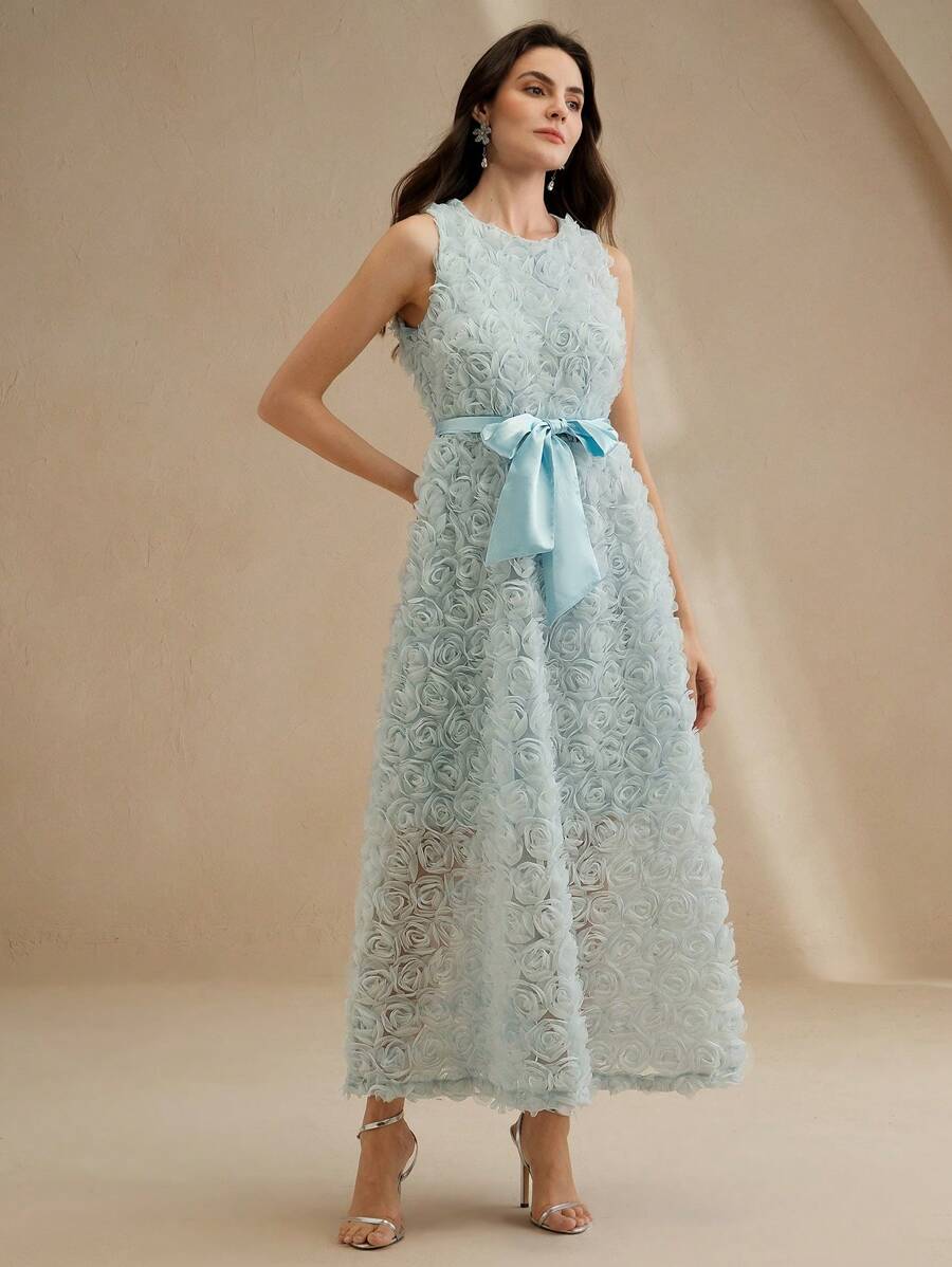 Anewsta 女士优雅提花玫瑰印花透视中长连衣裙，春夏装，花裙 - 藍色 - 查看 1