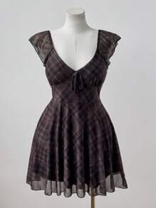 Sweetra Plus Size Women Summer Plaid Printed Cap Sleeve Square Neck Dress Boho  Vintage