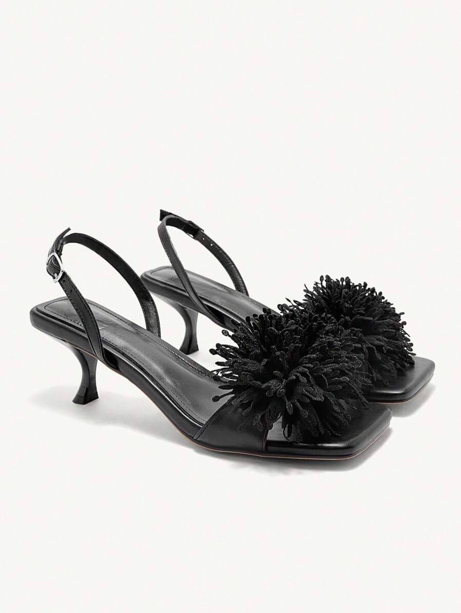 CUCCOO CHICEST Women Pearly Toe Strap Rhinestone Decor Pointed Toe Low Block Heel Elegant, Charming, Sexy, High-Class Vacation & Clubbing Black High Heel Sandals Slippers - Black - View 1