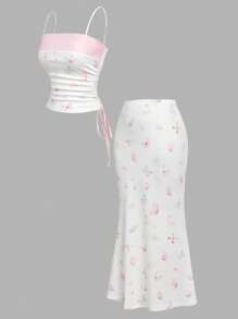 SHEIN MOD Bộ đồ hai mảnh in hình bướm hồng lãng mạn cổ điển và chân váy dài có chi tiết xếp nếp và nơ - Lấy cảm hứng từ thập niên 70, hoàn hảo cho kỳ nghỉ trên đảo, tiệc tùng, hẹn hò, tiệc sinh nhật, trà chiều và lễ hội - Hồng - Xem 10