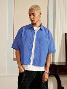 SWAVVY Men's Woven Casual Striped Short Sleeve Loose Fitting Blue Button Up Shirt, Youthful Daily Wear - Blue - View 1