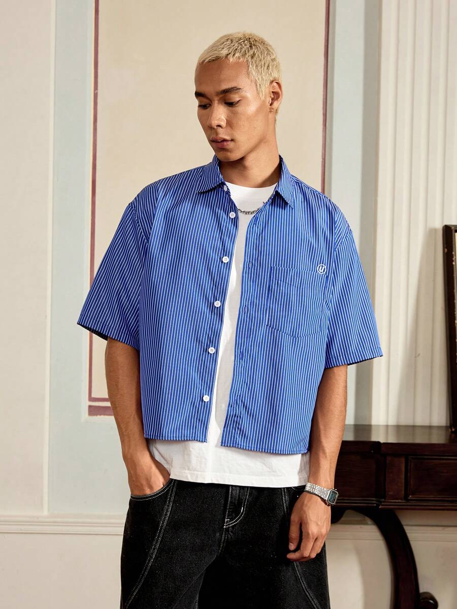 SWAVVY Men's Woven Casual Striped Short Sleeve Loose Fitting Blue Button Up Shirt, Youthful Daily Wear - Blue - View 1