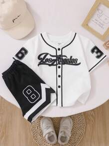 SHEIN Conjunto de chaqueta con capucha tipo deportivo, camiseta estilo jersey de fútbol o baloncesto, y pantalones cortos para bebé niño y niño pequeño de 0 a 3 años, atuendo deportivo para bebé de primavera y verano