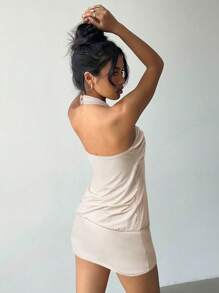 Aloruh 女款 Y2K 前卫性感修身抹胸金属纽扣装饰吊带黑色迷你超短款紧身连衣裙 - 杏色 - 查看 2