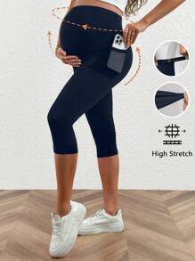 SHEIN Maternity High Waist Solid Color Casual Leggings - Navy Blue - View 1