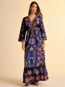 CAJUNI Abito lungo da donna stile boho con stampa vintage di uccelli tropicali e fiori, scollo a V e schienale scoperto - nero - Visualizzare 3