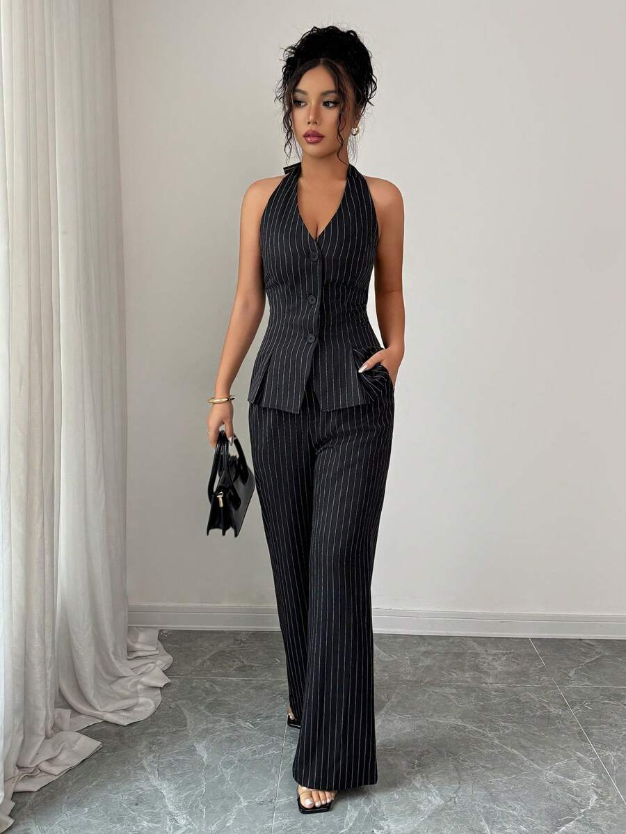 Elenzga 1 Set Women's V-Neck Striped Halter Top & Flare Leg Casual Pants, Elegant Outfit - Black - View 1