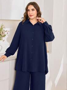 Graceveil Set de 2 piezas de talla grande de chaqueta y pantalones de unicolor de verano, de moda - Azul Marino - Ver 3