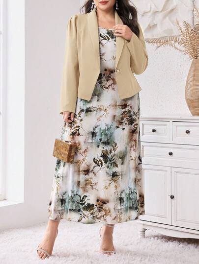 Modelyn Conjunto de 2 piezas: Vestido de estampado floral y blazer de manga larga para tallas grandes