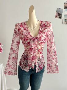 Soleia V领系带喇叭袖纹理休闲度假长袖上衣 - 彩色 - 查看 3