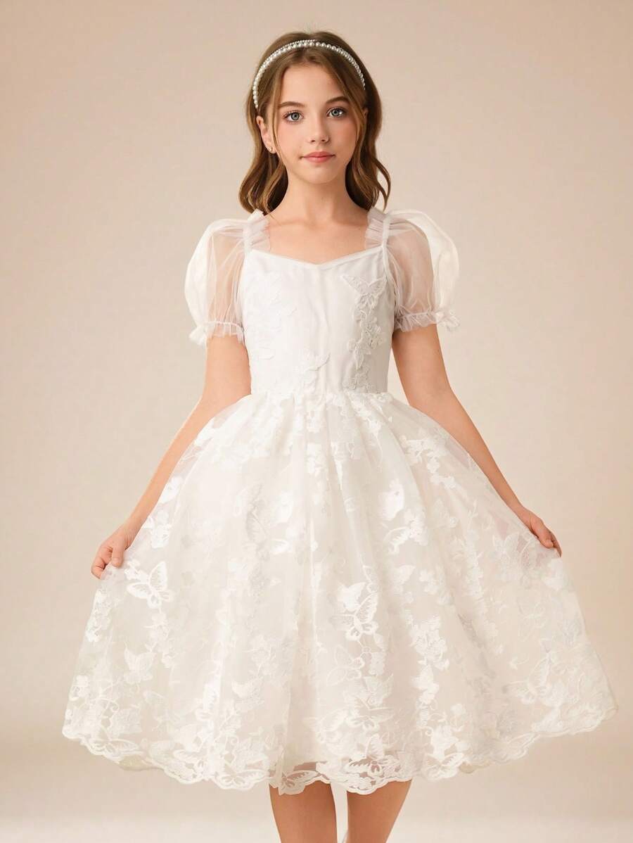 Tween Girl Elegant Luxurious White Puff Sleeve Mesh Lace Trim Midi Dress, Suitable For Evening Party, Valentine's Day, Ball, Birthday, Wedding And Other Occasions - White - View 1