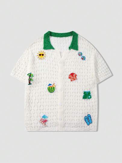 Street Life Men's Palm Tree Graphic Short Sleeve Single-Breasted Casual Holiday Knit Top