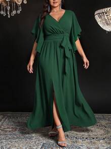 Auvina Plus Size Women V-Neck Ruffle Waist Tie Slit Elegant Long Bodycon Maxi Party Dress, Short Sleeve - Dark Green - View 5