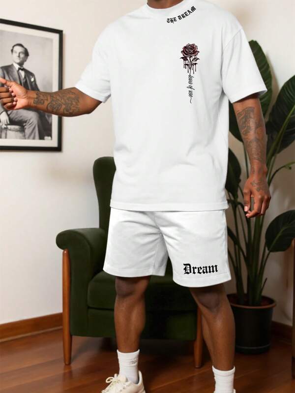 Manfinity LEGND 2pcs/Set Men Floral Print Short Sleeve T-Shirt And Pocket Shorts Casual Suit