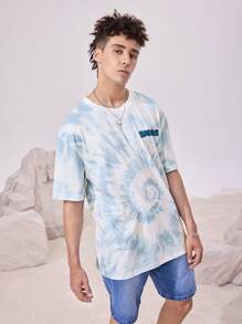 The Smurfs X SHEIN Camiseta oversize de hombre con estampado de dibujos animados y teñido anudado, camiseta gráfica de verano