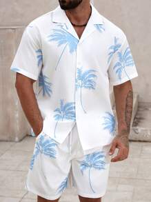 Manfinity RSRT 男士度假休闲棕榈树印花衬衫和短裤套装