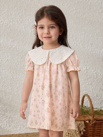 Blossori Baby Girls Ditsy Floral Collar Puff Sleeve Casual Dress