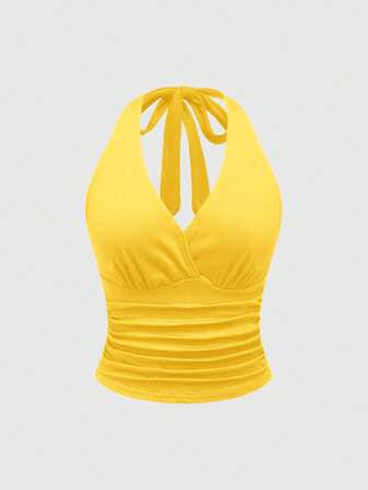 Grunge Punk Top femme jaune style Y2K avec encolure à col montant et taille froncée