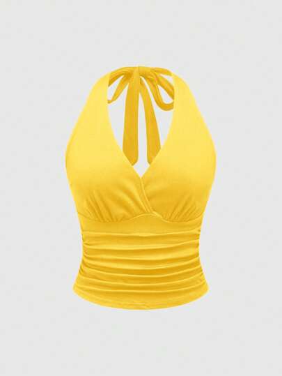 Grunge Punk Top de mujer de cuello halter con pliegues en la cintura, unicolor amarillo, estilo Y2K