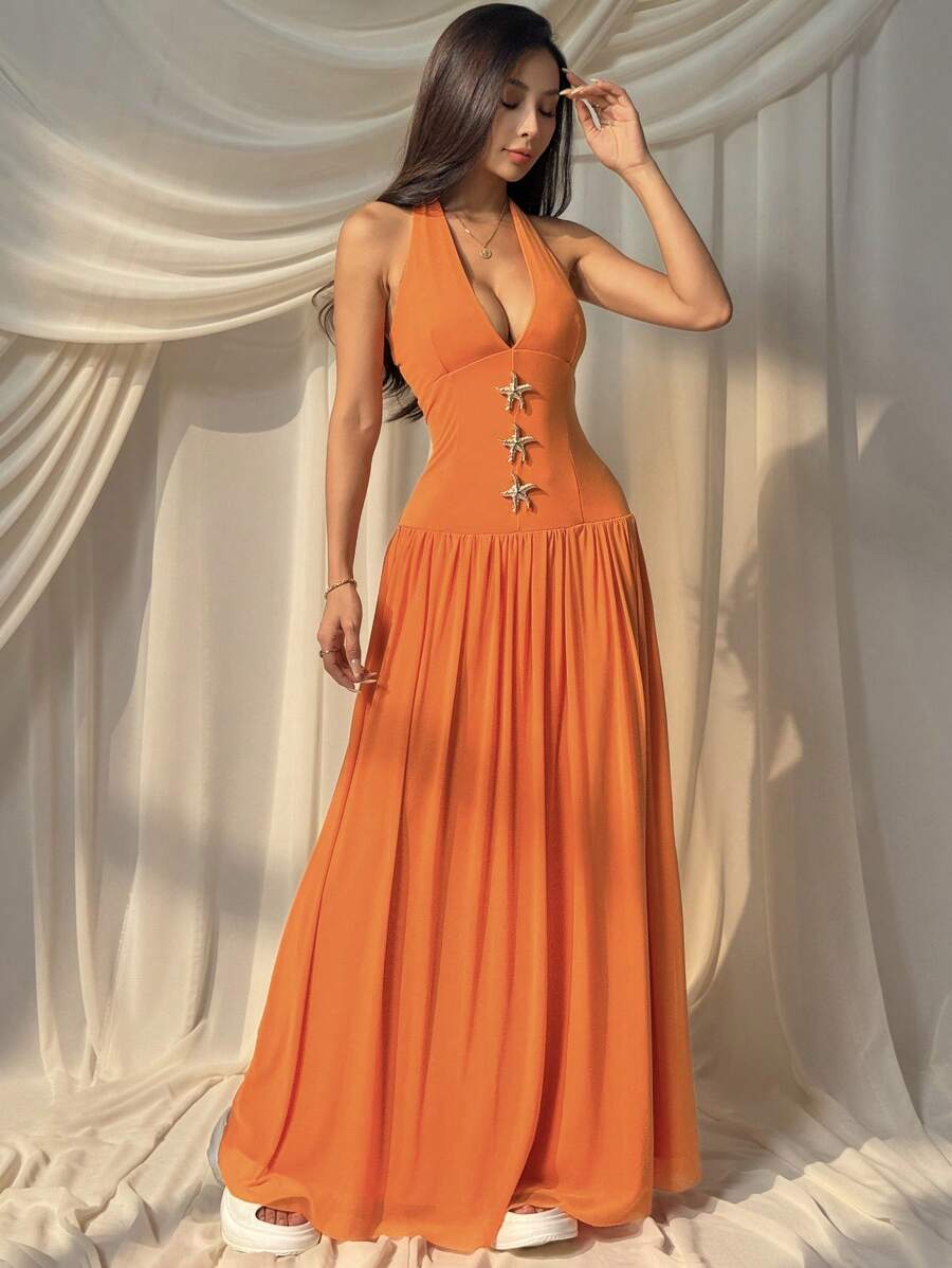 SHEIN EZwear 女式夏季假期海星挂脖褶皱橙色连衣裙 - 橘色 - 查看 1