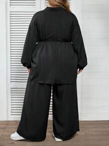 SHEIN CURVE+ 大尺碼女款休閒純色落肩寬鬆百褶襯衫與寬腿長褲兩件套，適合秋季約會之夜、早午餐、夏威夷風，黑色 - 黑色 - 查看 2