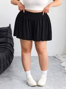 SHEIN CURVE+ 大码休闲纯色宽松短裤、夏季/图案T恤 - 黑色 - 查看 4