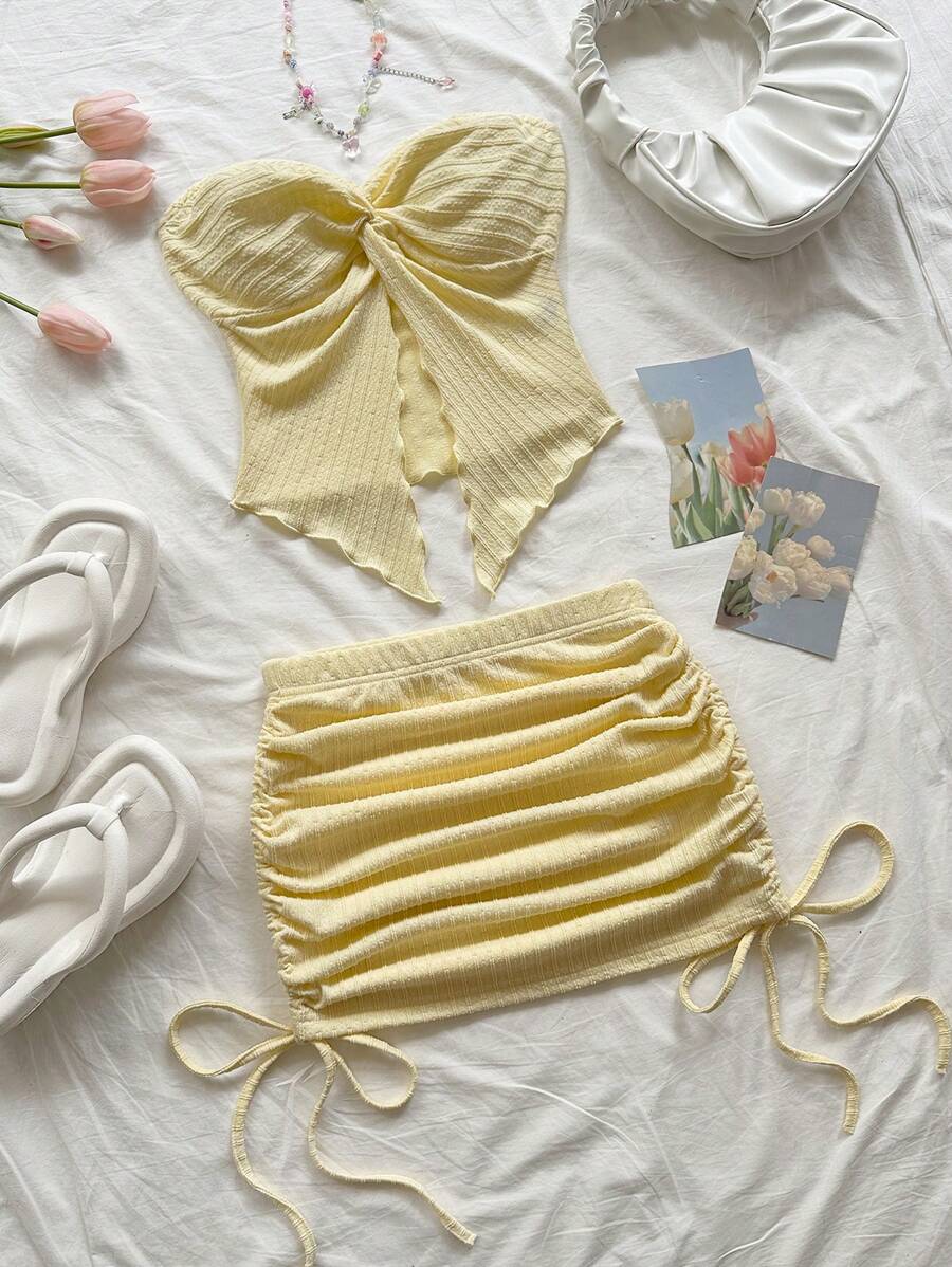 Soleia Women's Beach Holiday Yellow Knitted Texture Bandeau Top With Twist Design And Ruched Drawstring Mini Skirt Set, Suitable For Party, Date, Afternoon Tea, Beach - Yellow - View 1