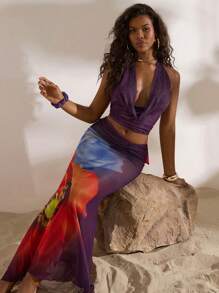 Opulessa 针织网眼印花女式美人鱼裙 - 紫色 - 查看 7