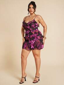 SHEIN BAE 加大码女式荷叶边紫色花朵迷你连衣裙，黑色，春夏，七月四日女装，七月四日，七月四日曲线，度假，女士度假服装，女士性感俱乐部服装，女士生日礼服，女士机场服装，毕业 - 紫色 - 查看 7