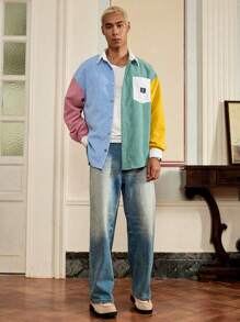 SWAVVY 1 pièce Veste chemise en velours côtelé style vintage avec col contrasté, style décontracté Y2K, idéal pour la rentrée scolaire, l'automne et Halloween