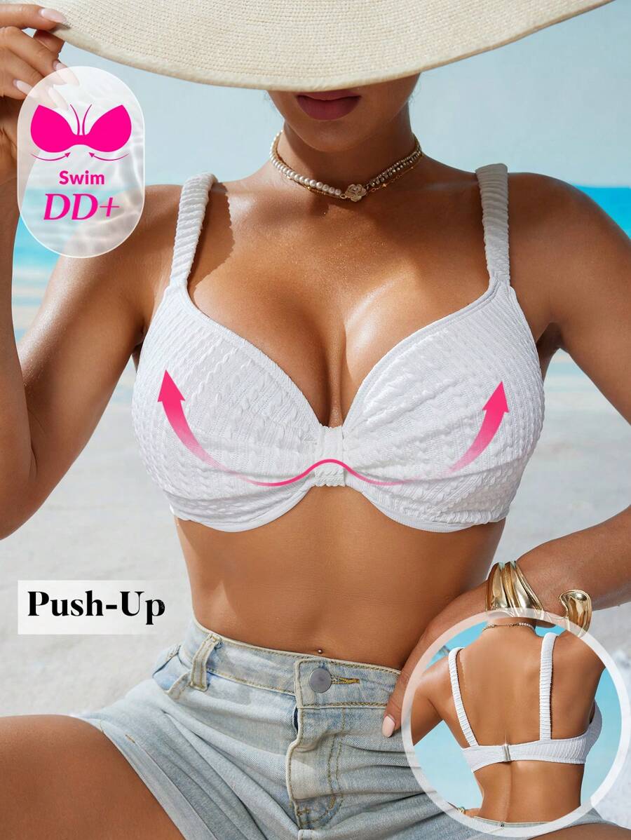 Swim DD+ Women's Sexy Summer Wire-Rimmed DD+ Cup Textured Ruched Strap Swimsuit Top - White - View 1