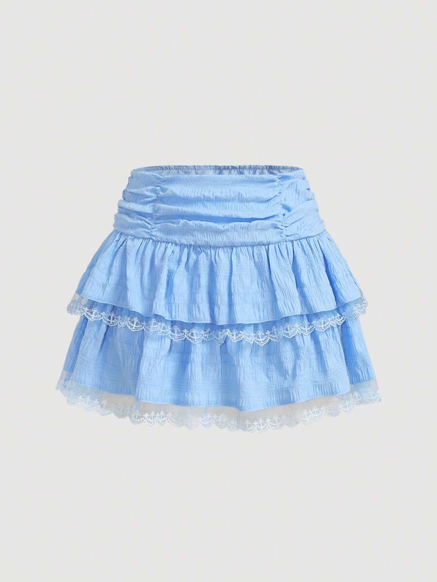 SHEIN MOD 女式纯色荷叶边下摆短裙 - 藍色 - 查看 1