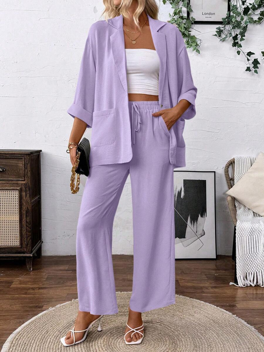 Chiquease Women's Casual Linen-Like Blazer Jacket And Pants Set Fall Cloth For Women - Lilac Purple - View 1