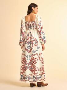 CAJUNI 女士度假休闲印花灯笼袖连衣裙 - 彩色 - 查看 3