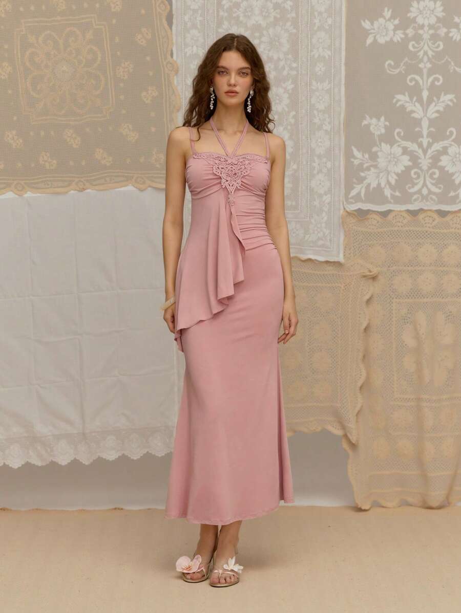 SHEIN MOD Women's Purple Knit Bohemian Lace Trim Vacation Dress - Dusty Purple - View 1