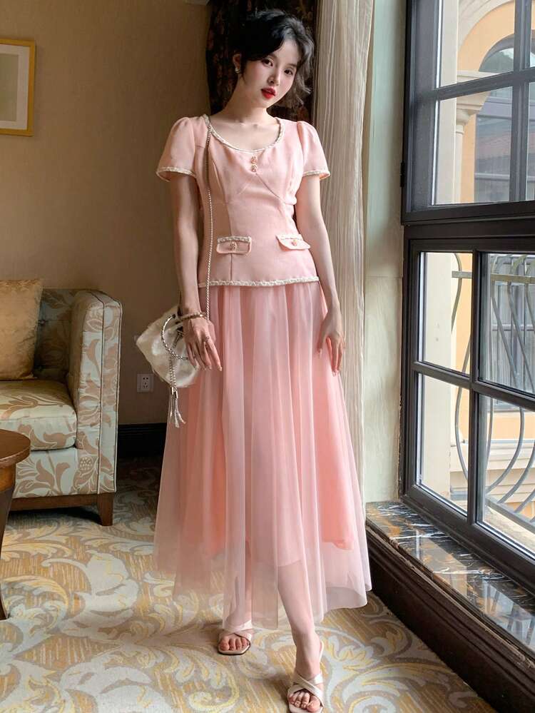 2-In-1 Women's Spring/Summer Mesh Patchwork Mid-Calf Dress