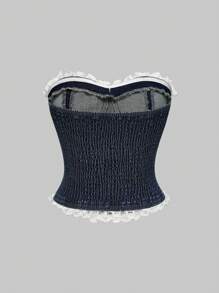 ROMWE Kawaii Y2K 风格可爱蕾丝拼接蝴蝶结装饰短款牛仔女式背心