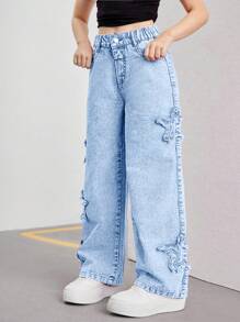 SHEIN Tween 女童 Y2K 粉色刺绣星星喇叭牛仔裤，时尚街头风格休闲百搭四季时尚女孩必备单品 - 淺色水洗藍 - 查看 7