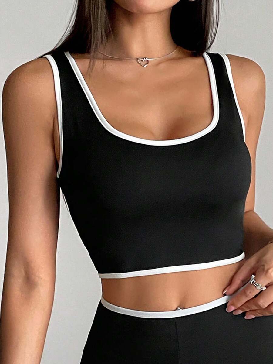SHEIN LUNE 夏季休闲深 V 领黑色拼接女式背心，适合休闲、运动和百搭穿着，高弹性 - 黑與白 - 查看 1