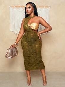 BamGleam 女士毛衣裙针织无袖墨绿色挂脖撕拉感半透长款紧身性感度假沙滩派对春夏女装 - 墨綠色 - 查看 6