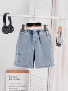 SHEIN Young Boy Summer Retro Casual Patch Loose Fit Baggy Blue Denim Shorts With Side Pocket For Kids Clothes Boys Costume Dailywear And Kids Four Seasons Clothes