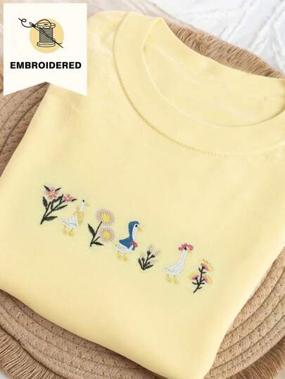 花卉刺绣鹅T恤 | Cottagecore鹅衬衫 | 100％纯棉手工染色T恤 | 复古美学动物爱好者女士T恤