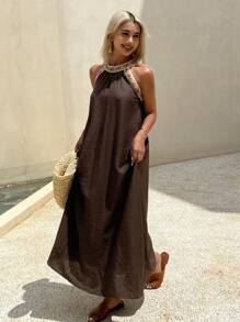 DAZY Vestido de lino de longitud media sin tirantes minimalista para vacaciones de verano de mujer - Marrón - Ver 1