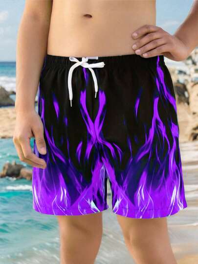 SHEIN 青少年男孩休闲街头时尚火焰印花图案泳裤和泳装，适合海滩、游泳、冲浪