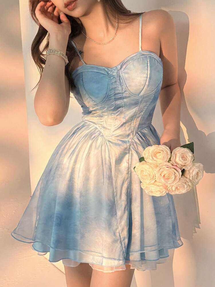 Blue Petite Cinched Waist Strap Dress, Purple Princess Puff Mini Tulle Dress For Summer Wedding Women Dresses Cocktail Dress
