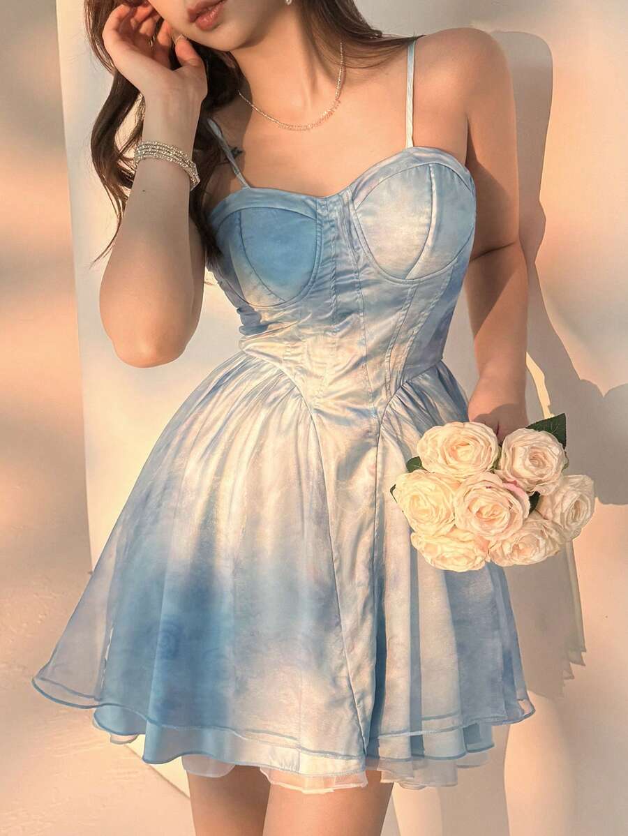 DAZY Robe bleue à taille cintrée, robe mini en tulle violet princesse bouffante pour les mariages d'été, robes pour femmes, robe de cocktail - Bleu azur - Voir 1